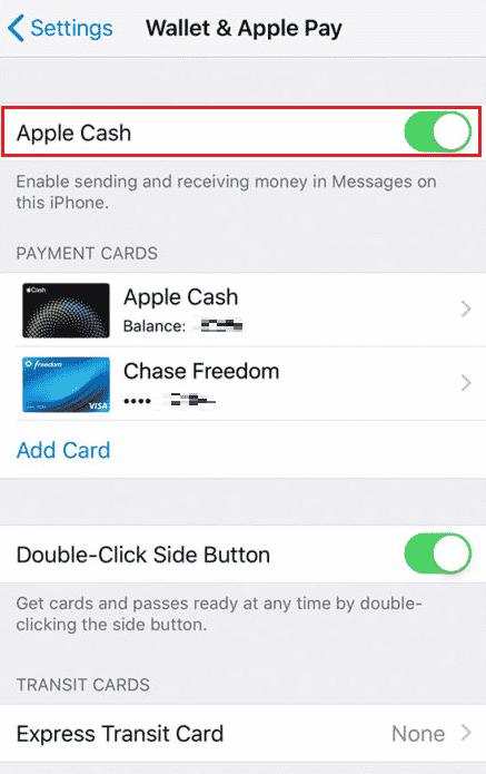 turn off the toggle for Apple Cash from the top