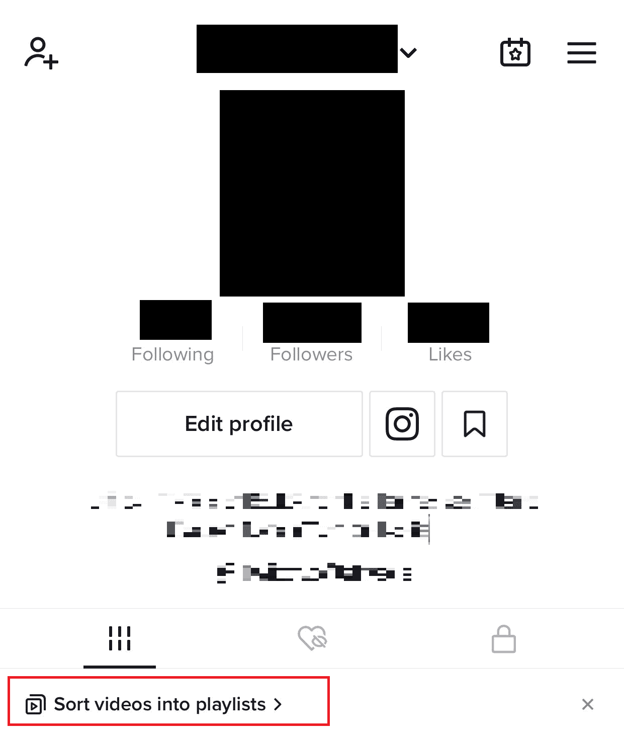 Tap on the Sort videos into playlists option under the videos tab | create playlist on TikTok