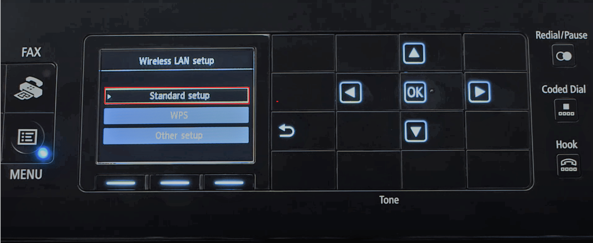 select standard setup in Wireless LAN setup menu
