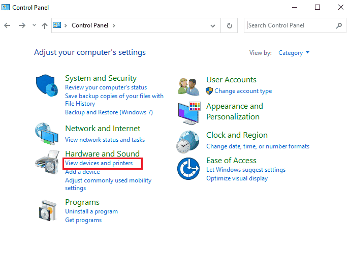 click on the View devices and printers. Fix Error Printing in Windows 10