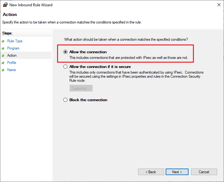 select the radio button next to Allow the connection and click on Next