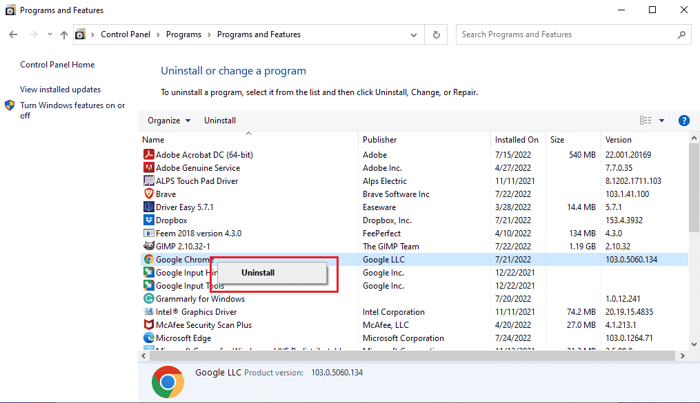 right click on google chrome and click on uninstall