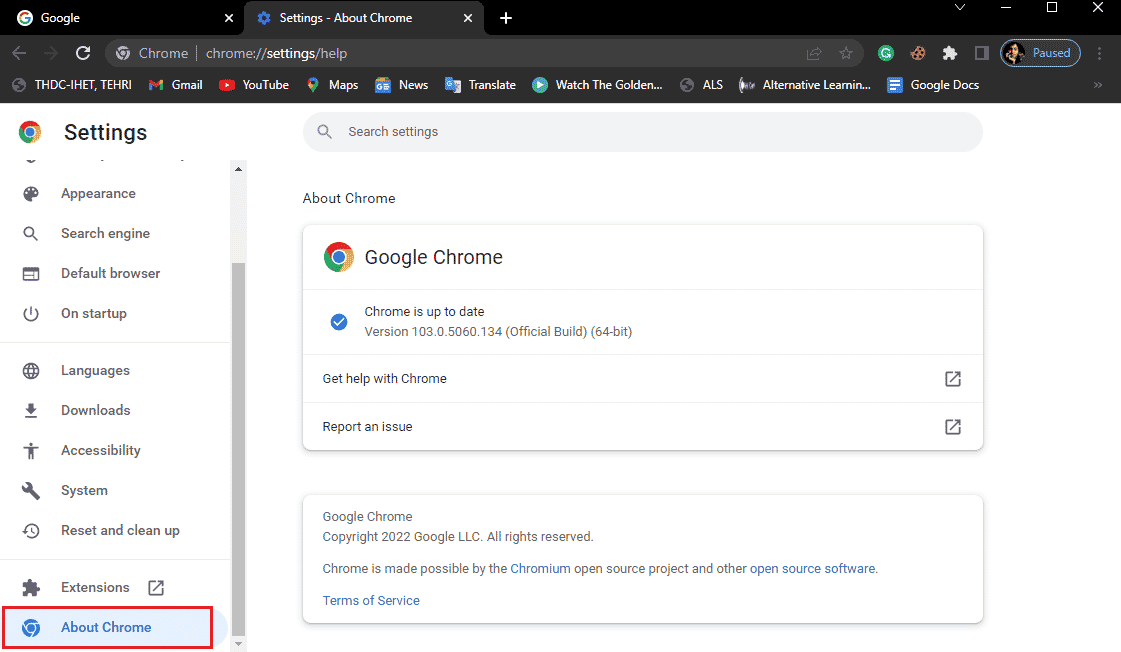 from the left side menu click on about chrome