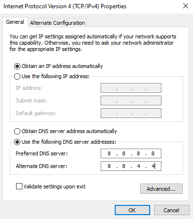 Select the icon Use the following DNS server addresses. Fix League of Legends Error 004 in Windows 10