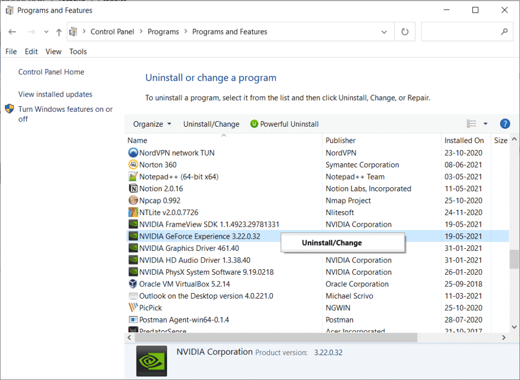 Uninstall GeForce Experience. Fix GeForce Error HRESULT E Fail in Windows 10