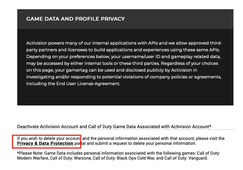 open the hyperlink of privacy and data protection. How to Delete Activision Account Permanently