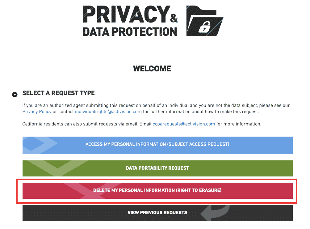 click on delete my personal information