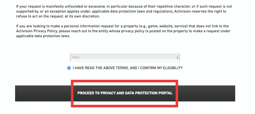 choose residence click on checkbox then proceed to privacy and data protection portal activision