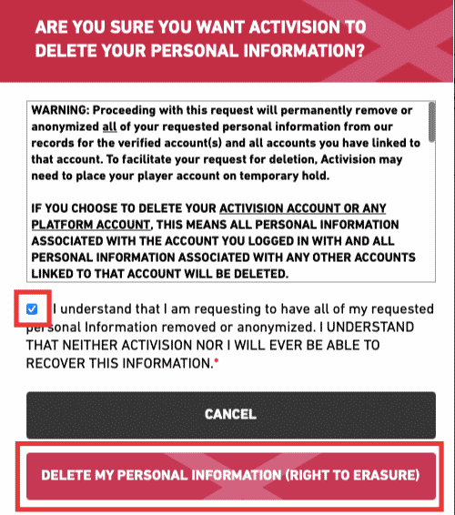 click on checkbox and finally click on delete my personal information