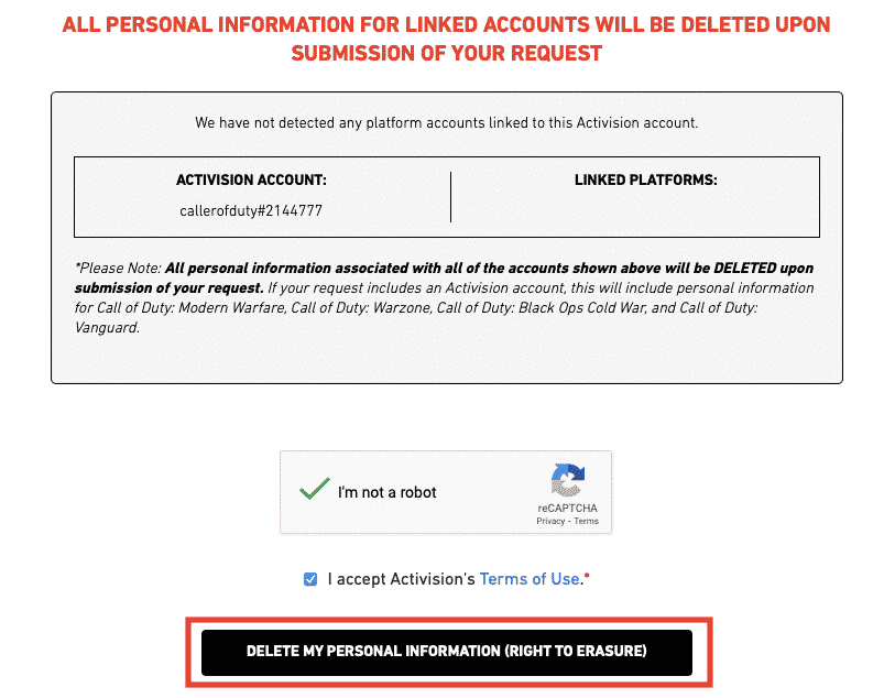 click on delete my personal information. How to Delete Activision Account Permanently