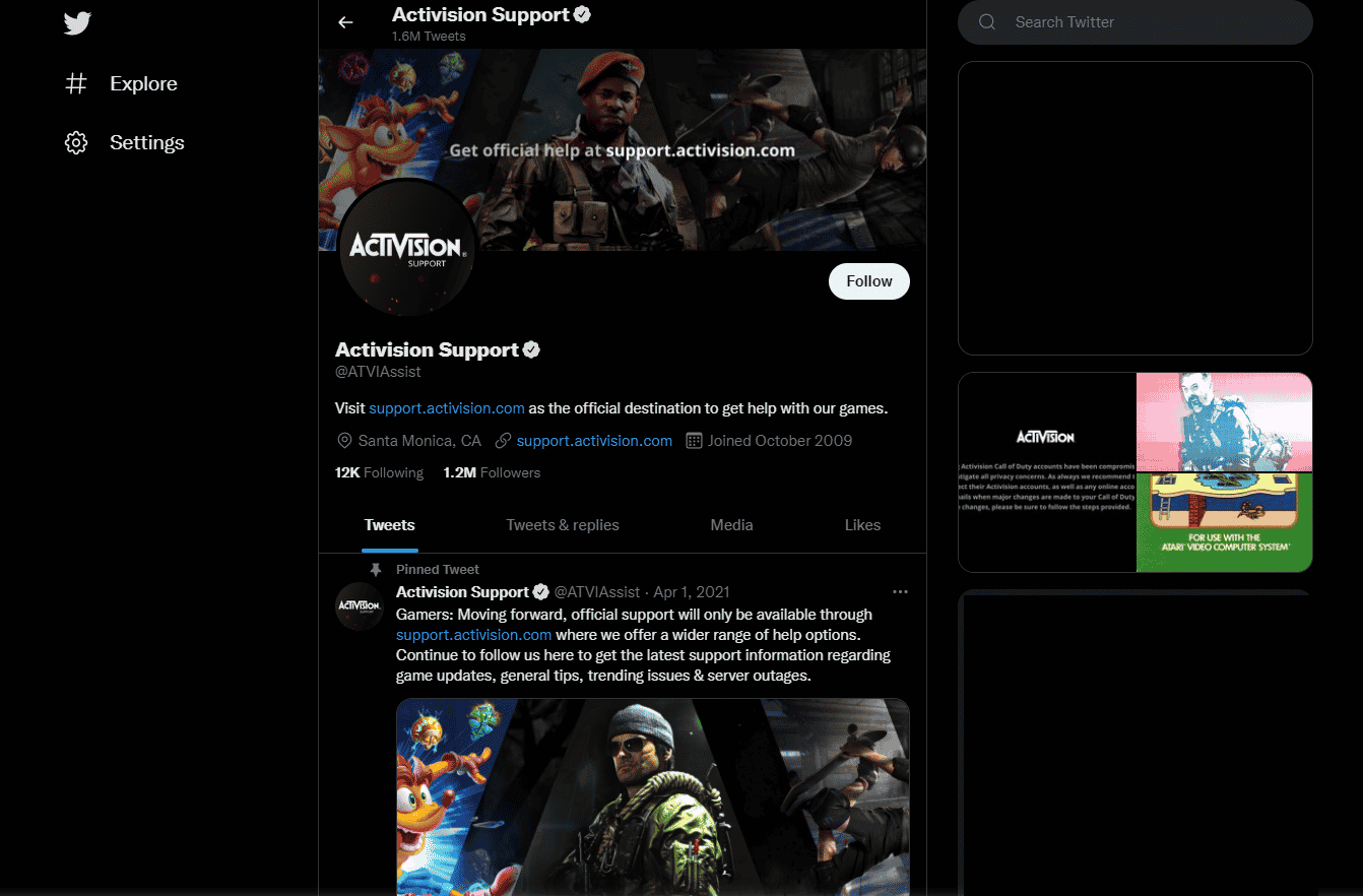 activision support twitter page