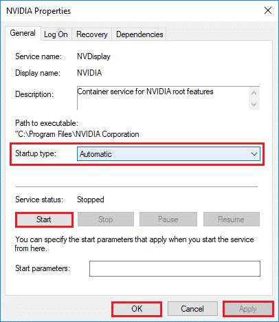 nvidia service properties