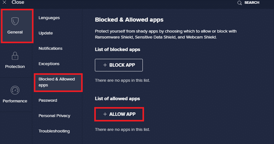 select General then blocked and allowed apps and click on allow app button in Avast Free Antivirus settings. Fix Origin error 0xc00007b