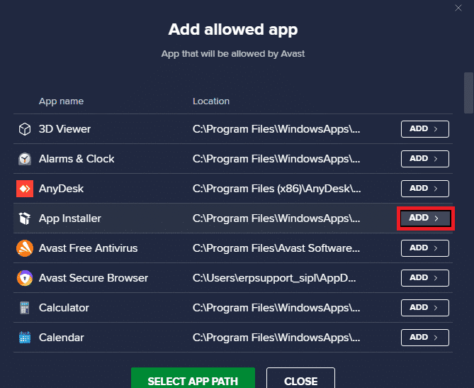click on app installer and select add button to add exclusion in Avast Free Antivirus. Fix Origin 0xc00007b Error in Windows 10