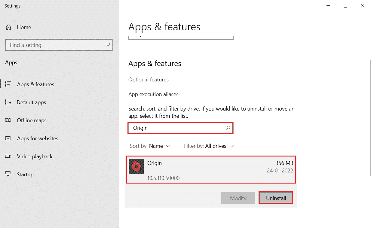 select Origin in Apps and Features settings and click on Uninstall. Fix Origin error 0xc00007b