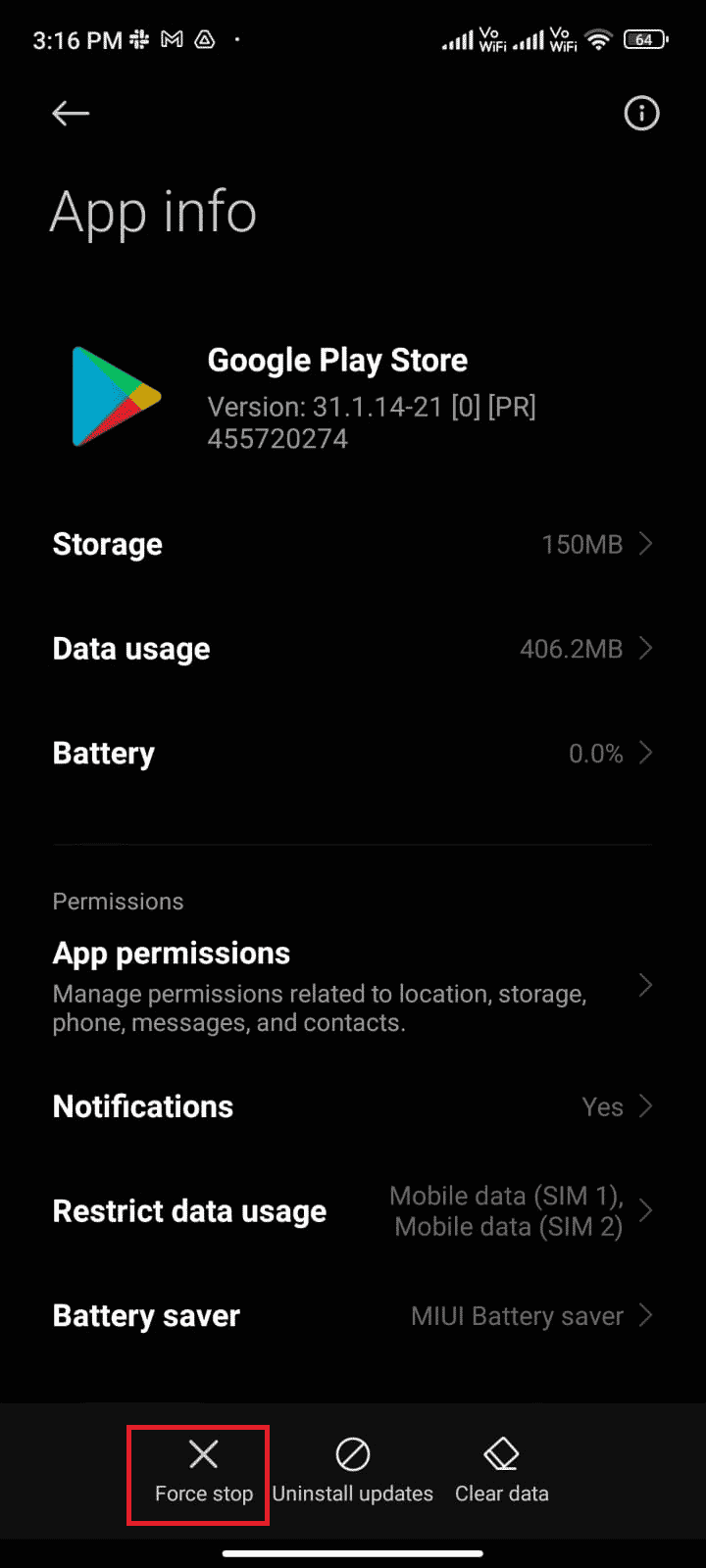 Then, tap on the Force stop option which is present at the bottom left corner of the screen | Fix Google Play Error Code 495 on Android