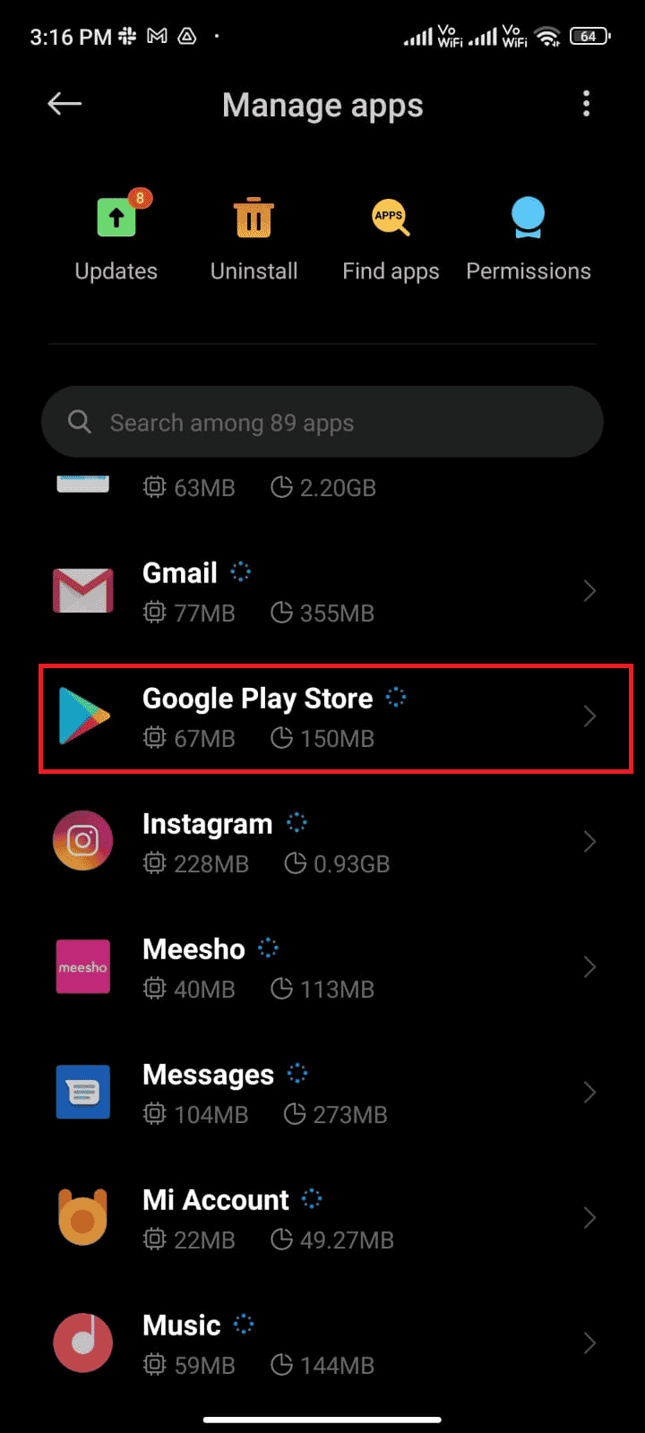 Then, tap on Manage apps followed by Google Play Store | Fix Google Play Error Code 495 on Android