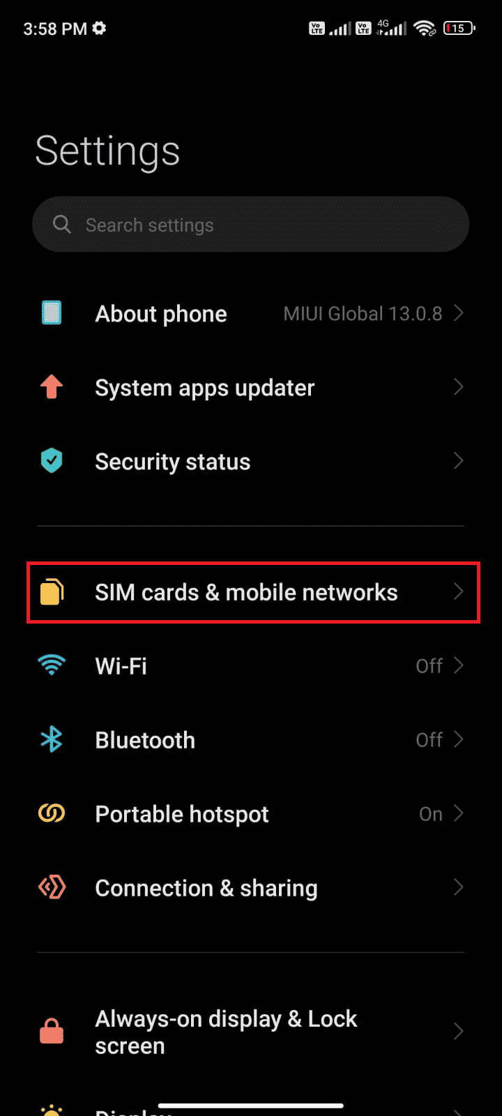 Then, tap the SIM cards mobile networks option