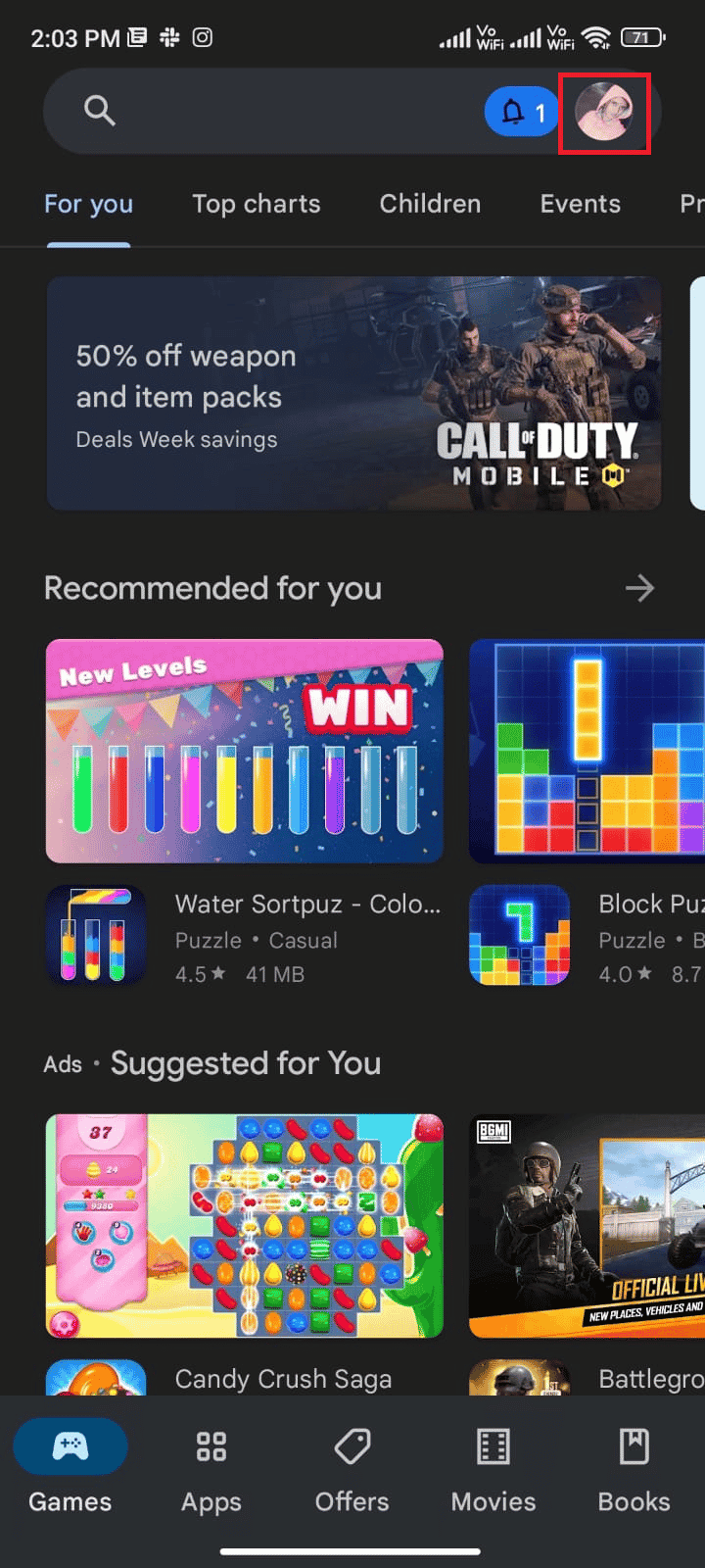 Now, tap on your Profile icon at the top right corner of the screen.