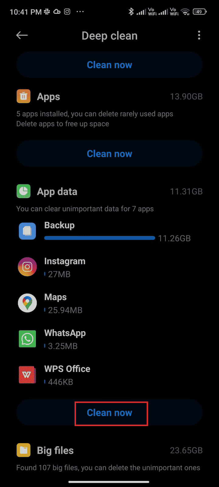 Now, tap Clean now corresponding to the category through which you want to free some space