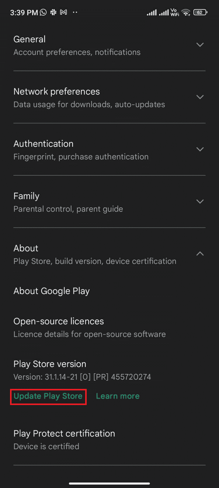 Then, tap Update Play Store