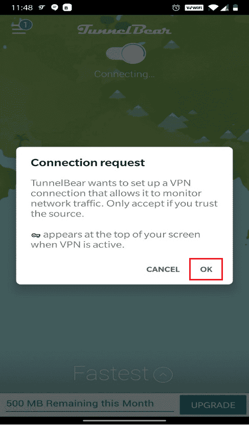 Grant permission for a Connection request to manage the network through a VPN connection by tapping on OK | | Fix Google Play Error Code 495 on Android