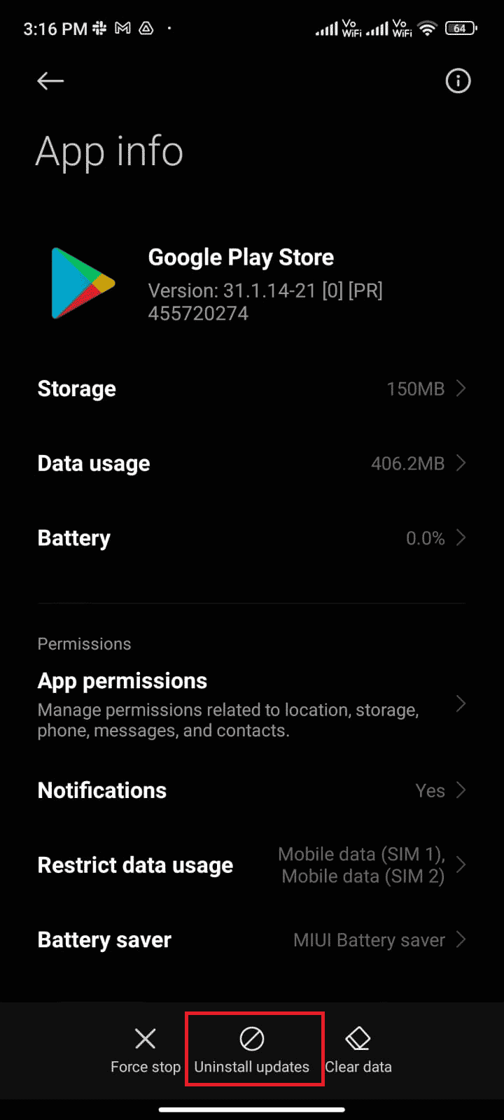Now, tap on Uninstall updates | Fix Google Play Error Code 495 on Android