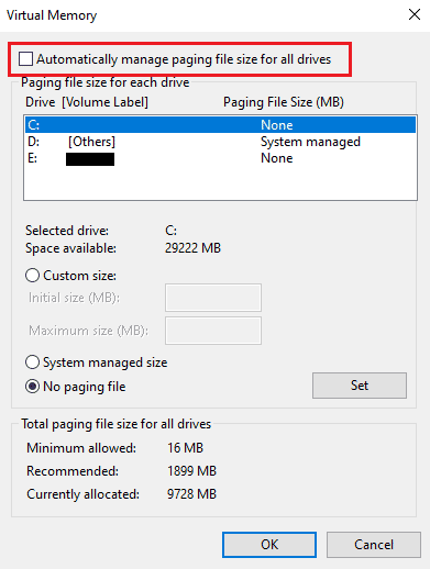 Uncheck the box for Automatically manage paging file sizes for all drives