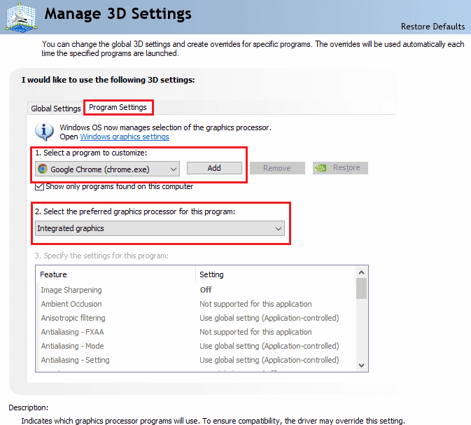 Select a program to customize and Select the preferred graphics processor for this program | Fix Arma 3 Referenced Memory Error in Windows 10