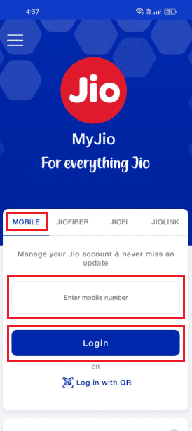 From the MOBILE tab, enter your Jio mobile number and tap on the Login option