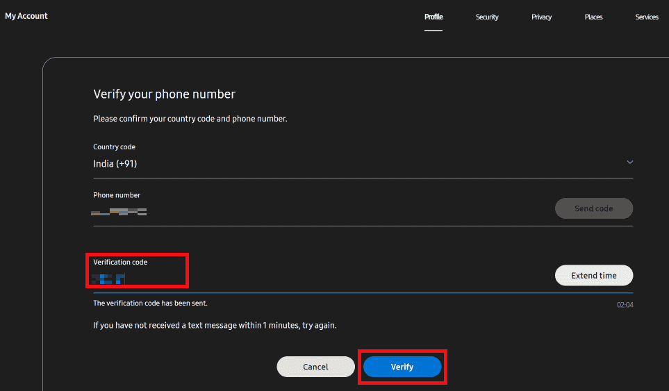 Enter the Verification code sent to your number and click on Verify