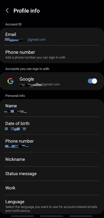 Profile info menu account settings