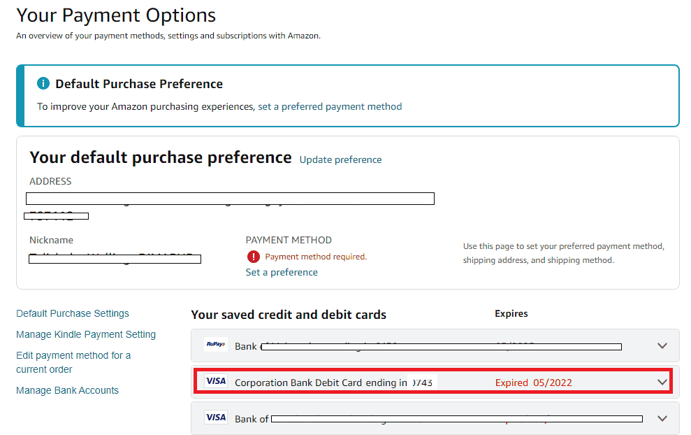 Click on the desired credit or debit card to expand it