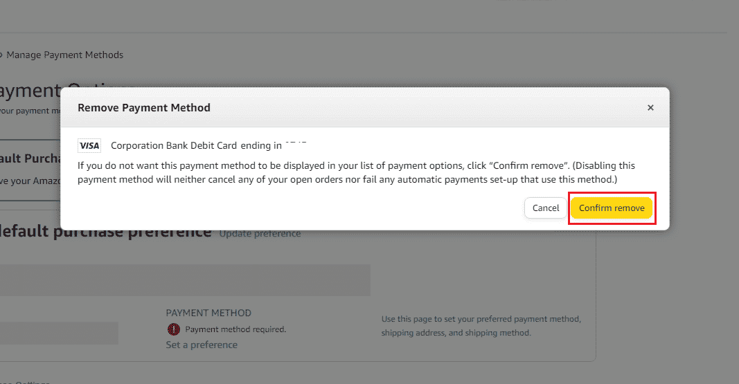 Click on Confirm remove from the pop-up | How to Remove Payment Method from Amazon