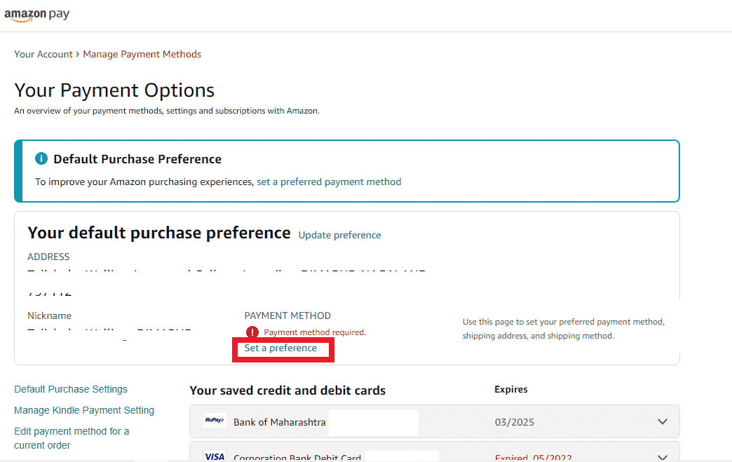 Click on Set a preference under the PAYMENT METHOD section
