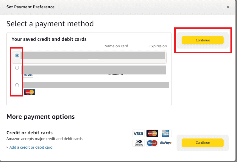 Choose from saved credit, debit cards or bank accounts. Click on Continue