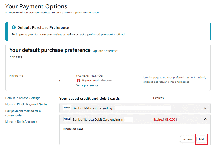 Click on Edit from the expanded menu | How to Remove Payment Method from Amazon