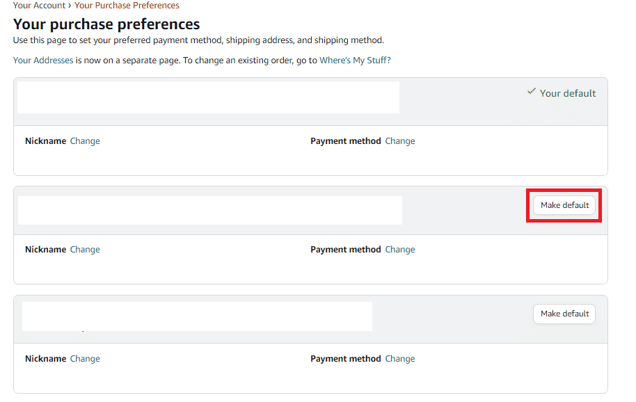 Locate the desired payment method and click on Make default