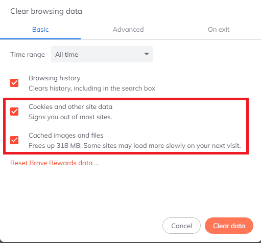 check boxes for cookies and other site data and cached images and files 