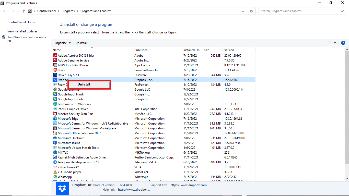 right click on dropbox and click on uninstall