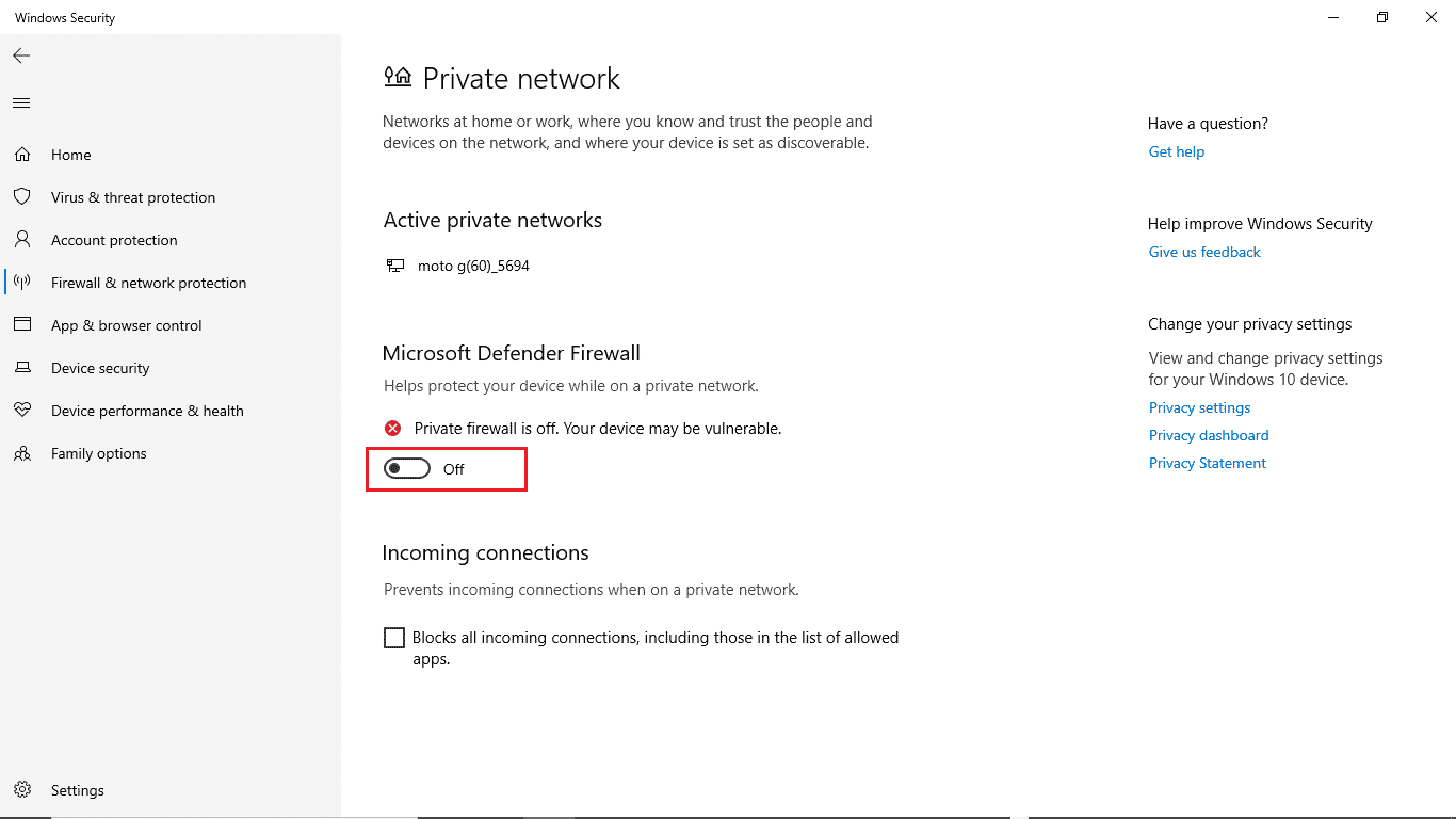 Turn off microsoft defender firewall. Fix Windows 10 Update Error 0xc1900204