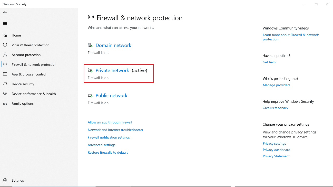 click on private network 