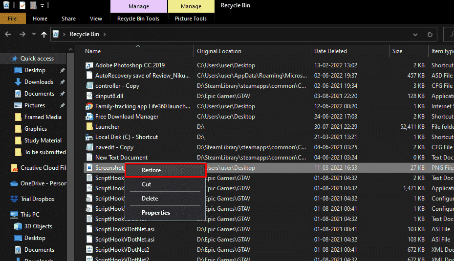 Locate and right-click on the recently deleted photos. Then, click on Restore from the context menu