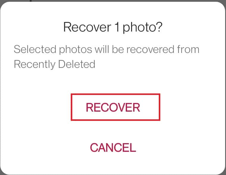 tap on RECOVER in the pop-up
