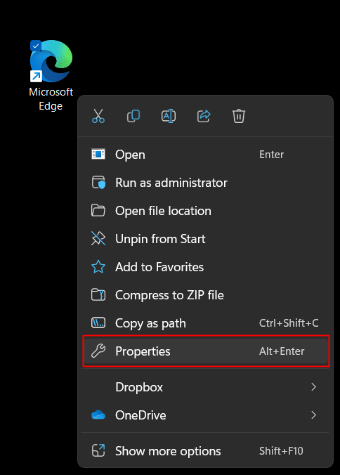 right click on the Microsoft Edge shortcut and choose properties