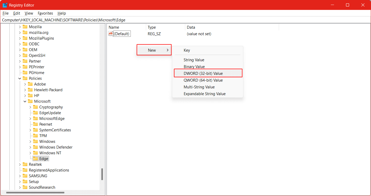 right click and select New and then DWORD 32 bit Value