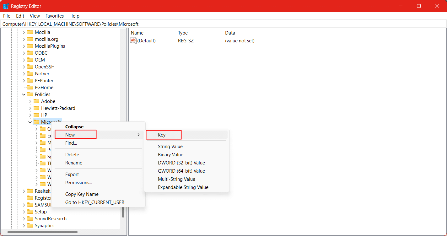 click on New and select Key to create a new key