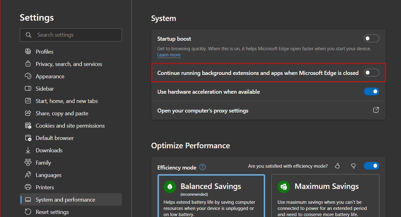 Also disable Continue running background extensions and apps when Microsoft Edge is closed from the toggle