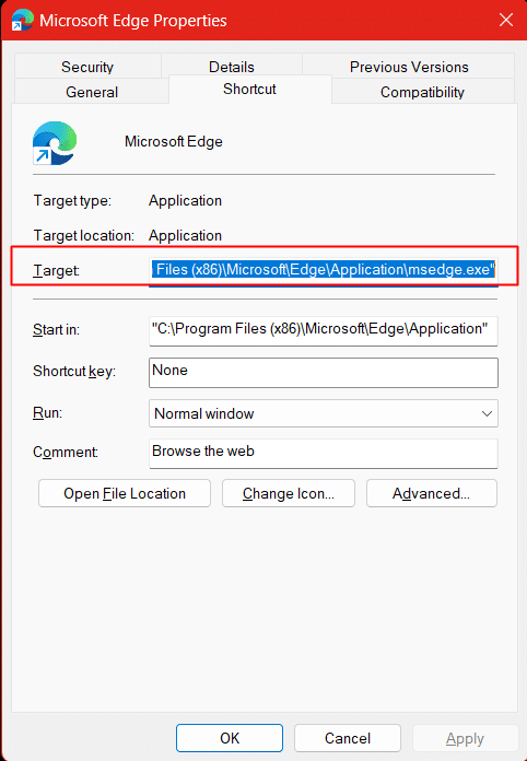 Click on the Target option and replace the pre-set path