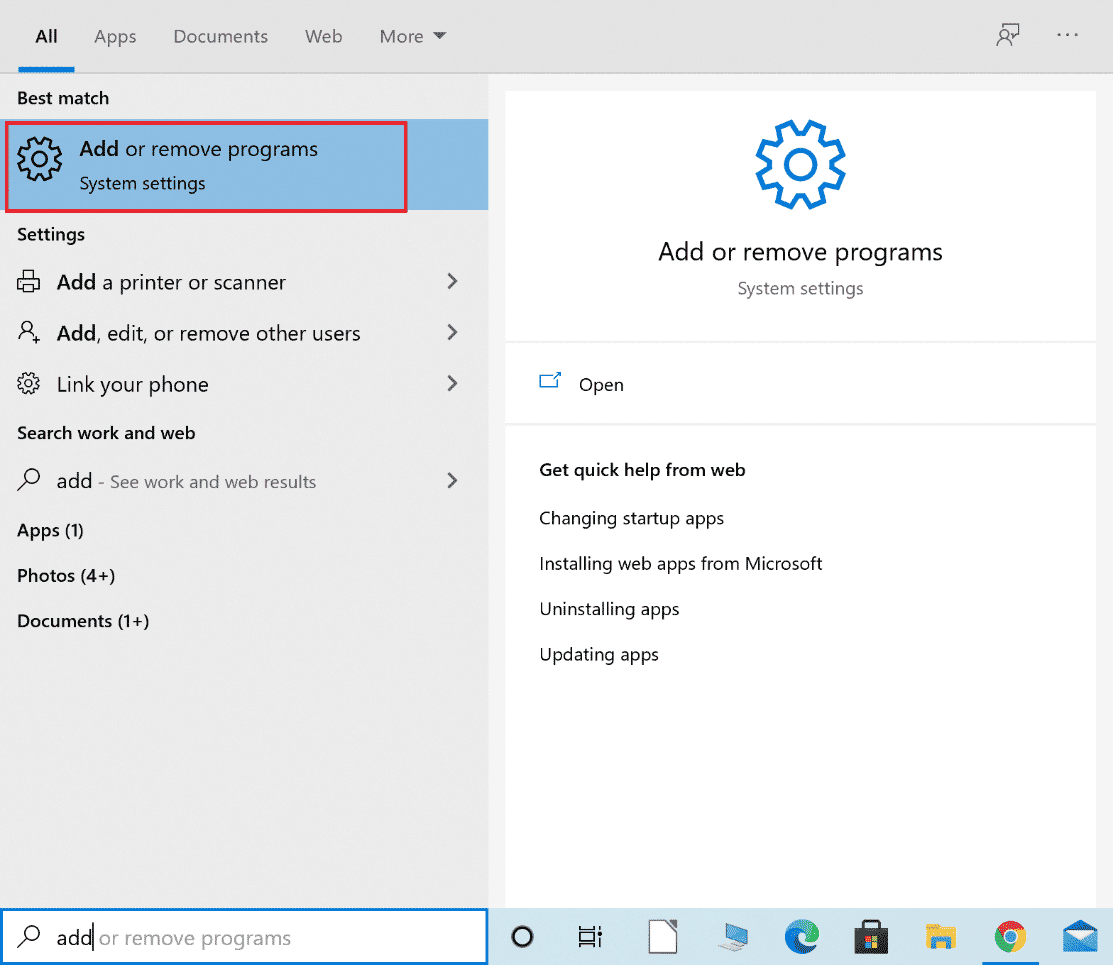 launch add or remove programs from windows search